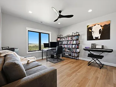 A home office has a desk facing the window