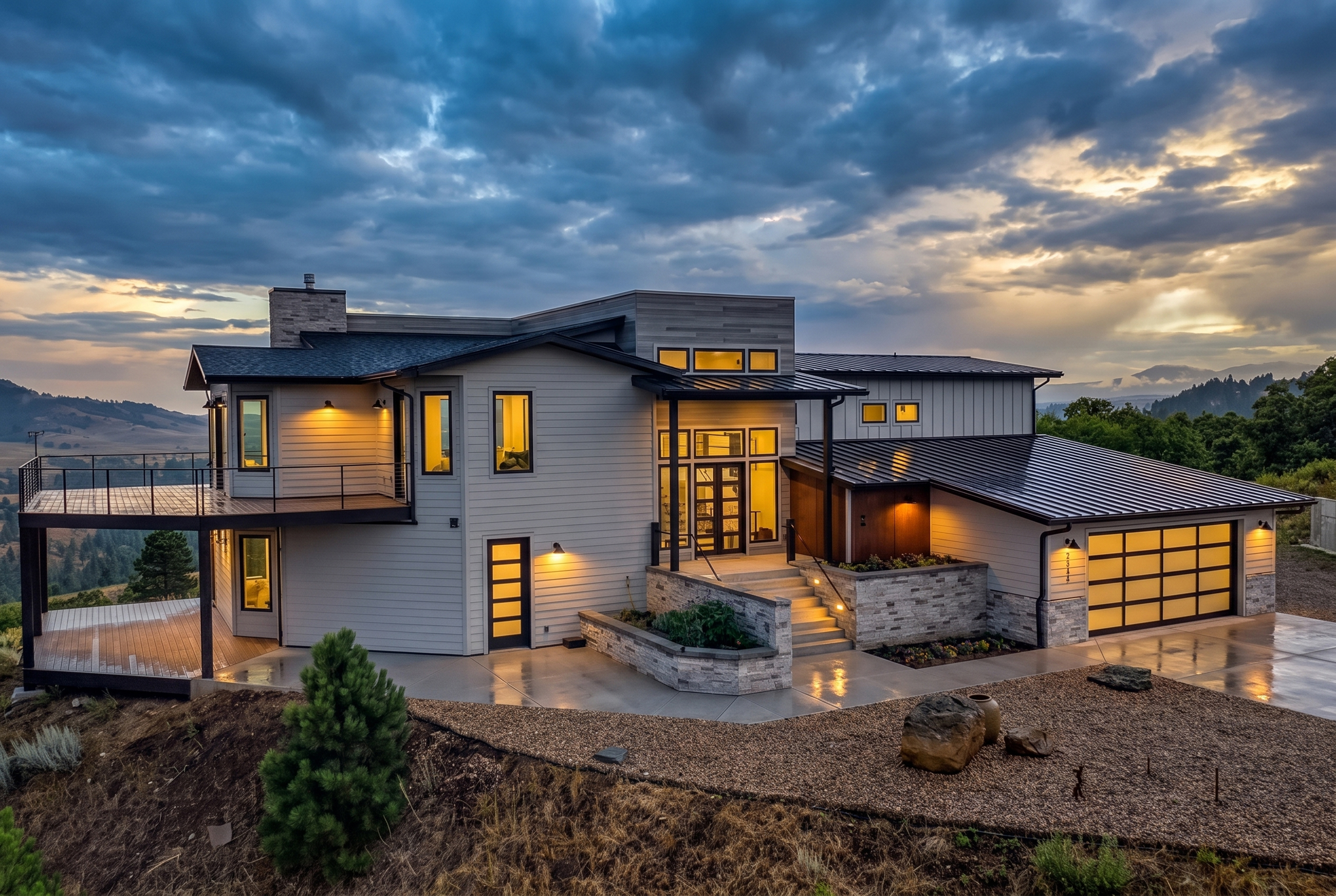 The front entrance of 2111 Vantage Circle at twilight