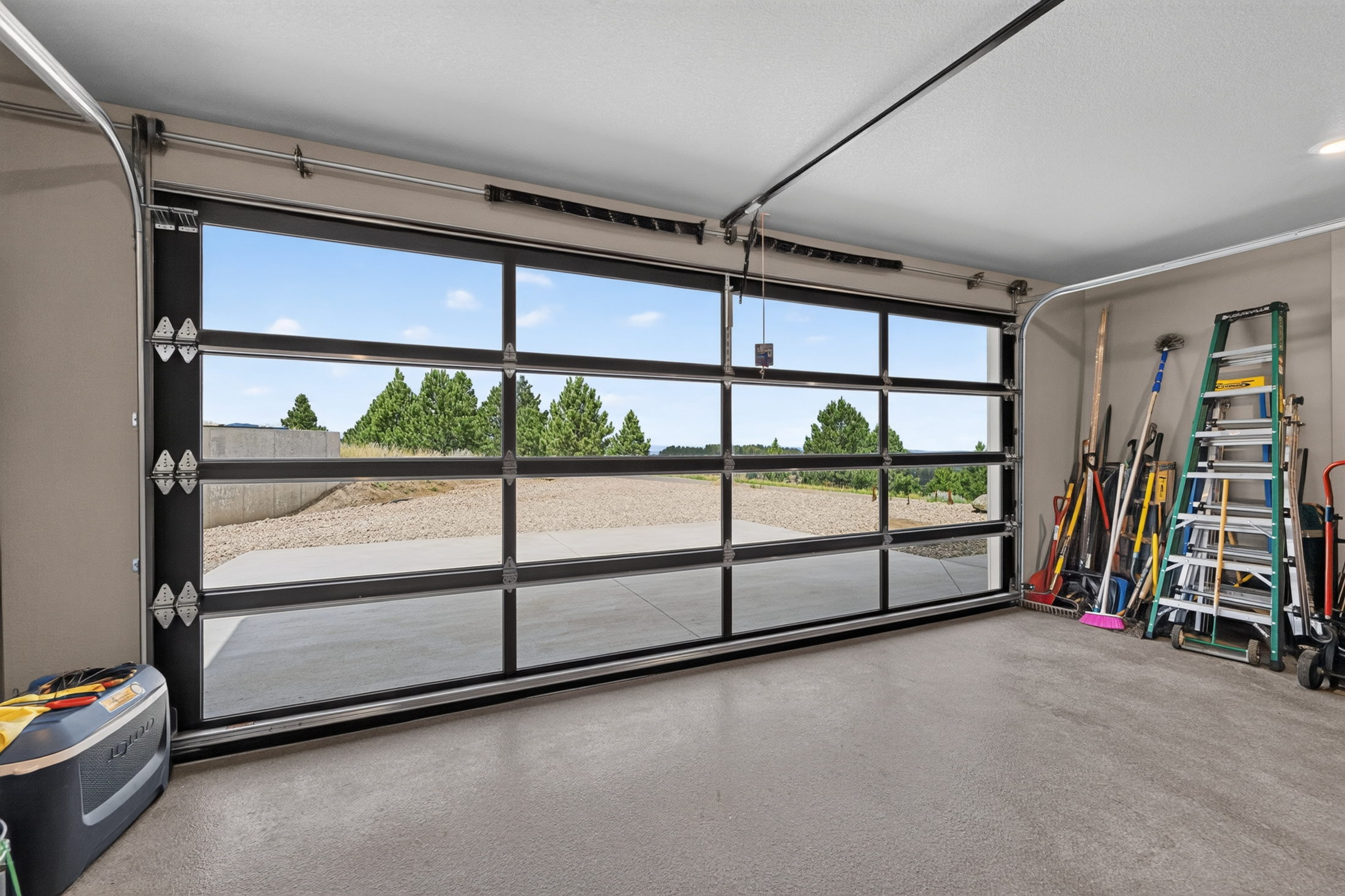 A close view of the garage's glass-paned overhead door